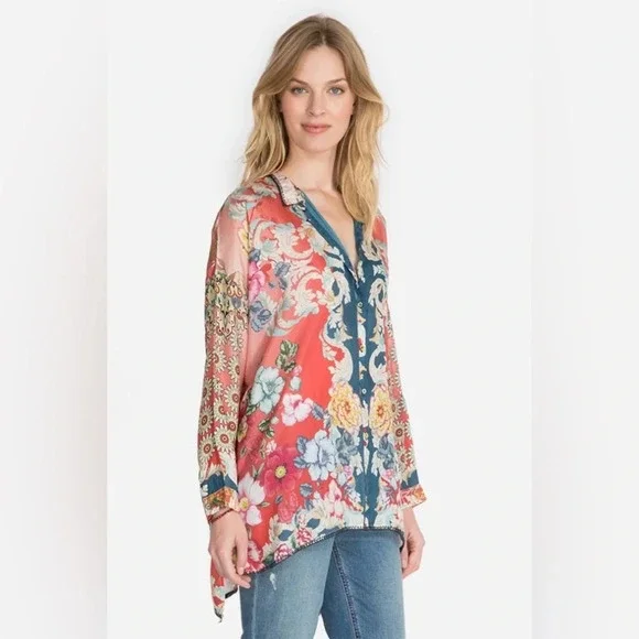 Johnny Was Dusk button down blouse shirt top tunic sz small roll tab sleeves